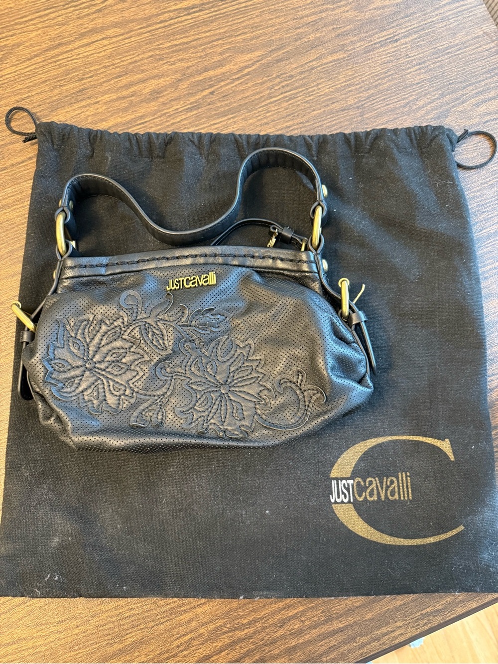 Just Cavalli Black Floral-Embroidered Leather Clutch with Gold Accents